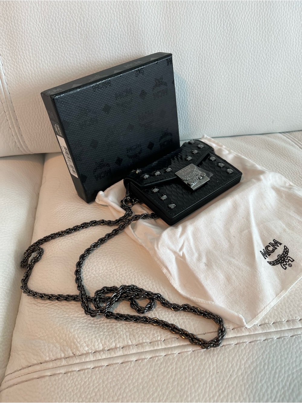 MCM Black Studded Leather Chain Crossbody with Silver Plaque